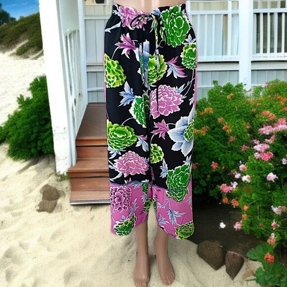 Floral Patchwork Wide Leg Pants M Hippie Artsy Boho Chic Fairy Flowy Drawstring - Picture 1 of 16